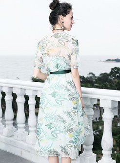 Silk Printing Belted A Line Dress