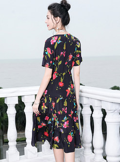 Floral Print Short Sleeve Silk Dress