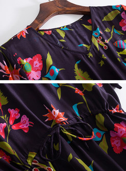 Floral Print Short Sleeve Silk Dress