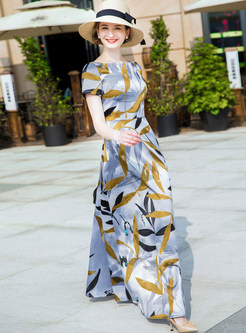 Slash Neck Jacquard Short Sleeve Maxi Dress