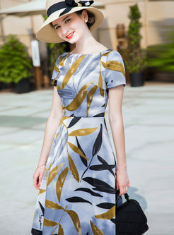 Slash Neck Jacquard Short Sleeve Maxi Dress