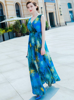 Blue Bohemian Sleeveless Chiffon Dress