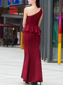 Wine Red One Shoulder Splicing Prom Dress