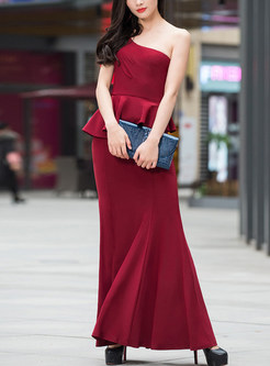 Wine Red One Shoulder Splicing Prom Dress