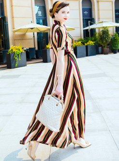Striped Single-breasted Lapel Maxi Dress
