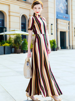 Striped Single-breasted Lapel Maxi Dress