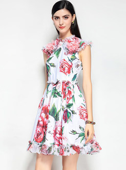 Sweet Floral Print Waist A Line Dress