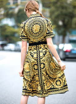Ethnic Print Lapel Big Hem Midi Dress