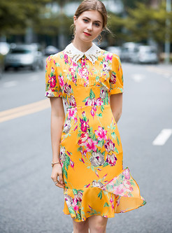 Yellow Floral Print Slim Mermaid Dress