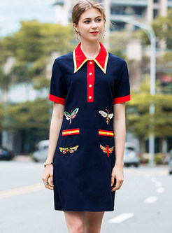 Navy Blue Butterfly Embroidery A Line Dress