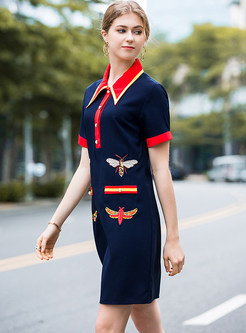 Navy Blue Butterfly Embroidery A Line Dress