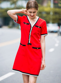 Red V-neck Loose Shift Dress