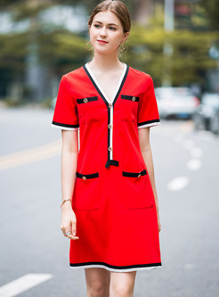 Red V-neck Loose Shift Dress