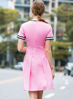Pink Embroidery Short Sleeve Pleated Dress