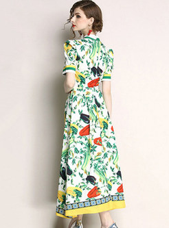 Green Print Waist Stand Collar Maxi Dress