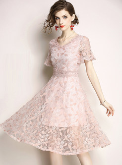 Pink Lace Flare Sleeve A Line Dress