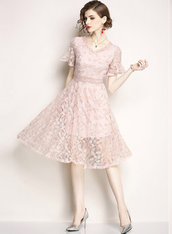 Pink Lace Flare Sleeve A Line Dress