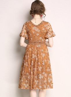 Caramel Hollow Out Short Sleeve Lace Dress