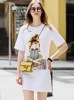 White Cartoon Figure Short Sleeve T-shirt Dress