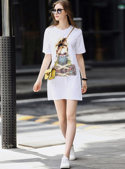 White Cartoon Figure Short Sleeve T-shirt Dress