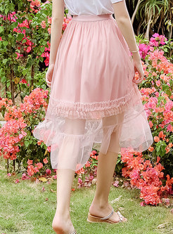 Pink Mesh Splicing Embroidery Skirt
