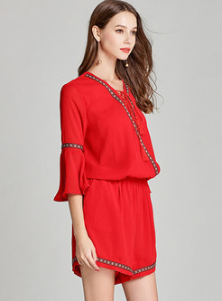 Red Casual Flare Sleeve Rompers