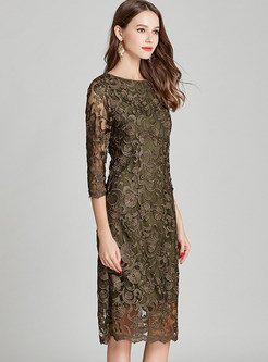 Lace Embroidered 3/4 Sleeve Midi Cocktail Dress