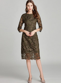 Lace Embroidered 3/4 Sleeve Midi Cocktail Dress