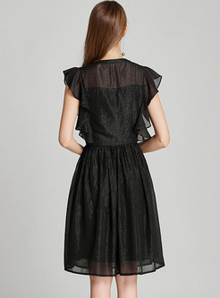 Black Falbala The Waist Chiffon Dress