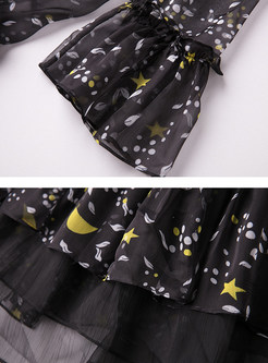 Stylish Print Ruffle Sleeve Silk Dress With Underskirt