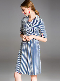 Striped Slim Half Sleeve A Line Dress