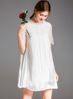White Loose Lace Splicing Shift Dress