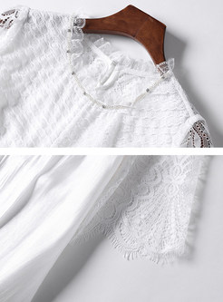 White Loose Lace Splicing Shift Dress