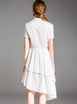 White Falbala Asymmetric Hem Dress