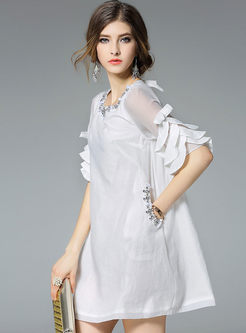 Flare Sleeve Pure Color Patch Shift Dress