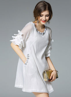 Flare Sleeve Pure Color Patch Shift Dress