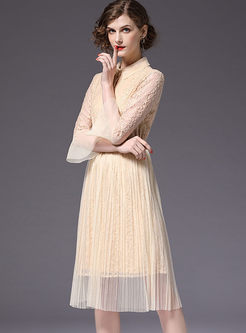 Lace Solid Color Mesh Pleated Dress