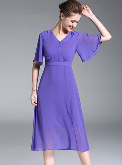 Chiffon Solid Color Flare Sleeve Dress