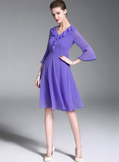 Purple Chiffon Ruffle A Line Dress