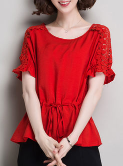 Red Lace Flouncing Tied Blouse