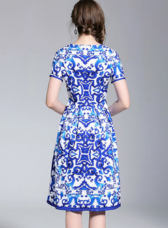 Ethnic Print Short Sleeve A Line Dress