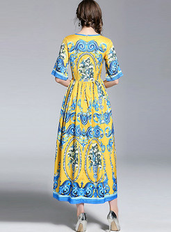 Vintage Printing Waist Maxi Dress