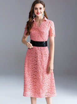 Pink Gathered Waist Embroidery Midi Dress