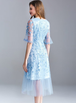 Blue Embroidery Gauze Perspective A Line Dress