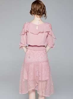 Pink Perspective Chiffon Blouse & Asymmetric Mesh Skirt