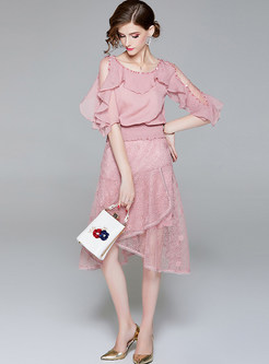 Pink Perspective Chiffon Blouse & Asymmetric Mesh Skirt