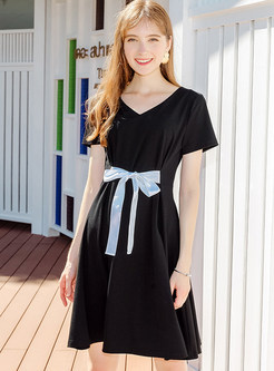 Black Short Sleeve A Line Dress