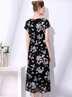 Black Flower Print Waist Chiffon Dress