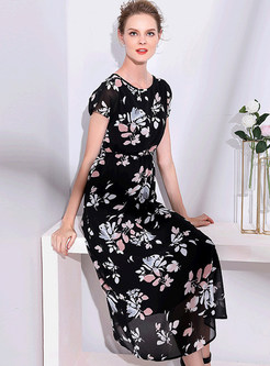 Black Flower Print Waist Chiffon Dress