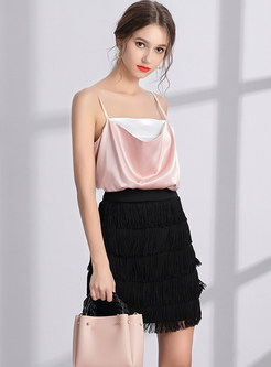 Fashion Pink Tanks & Black Tassel Skirt